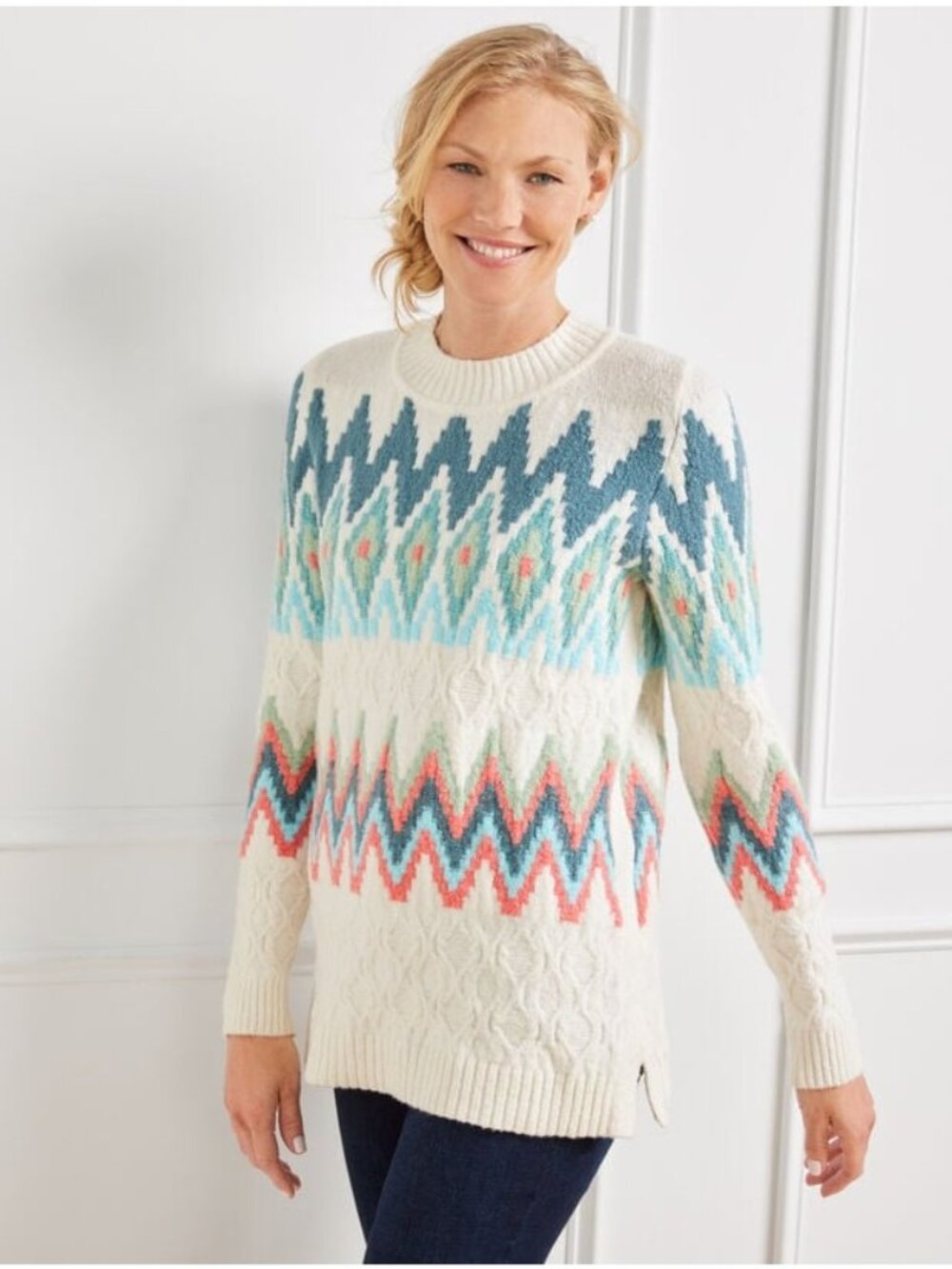 NWT Talbots Nordic Zig-Zag Fair Isle Sweater Merino Wool Blend Size Lp Cozy Soft